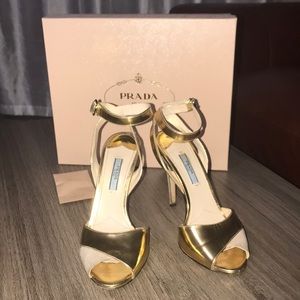 Prada Gold Metallic & Nude Suede Strappy Heels